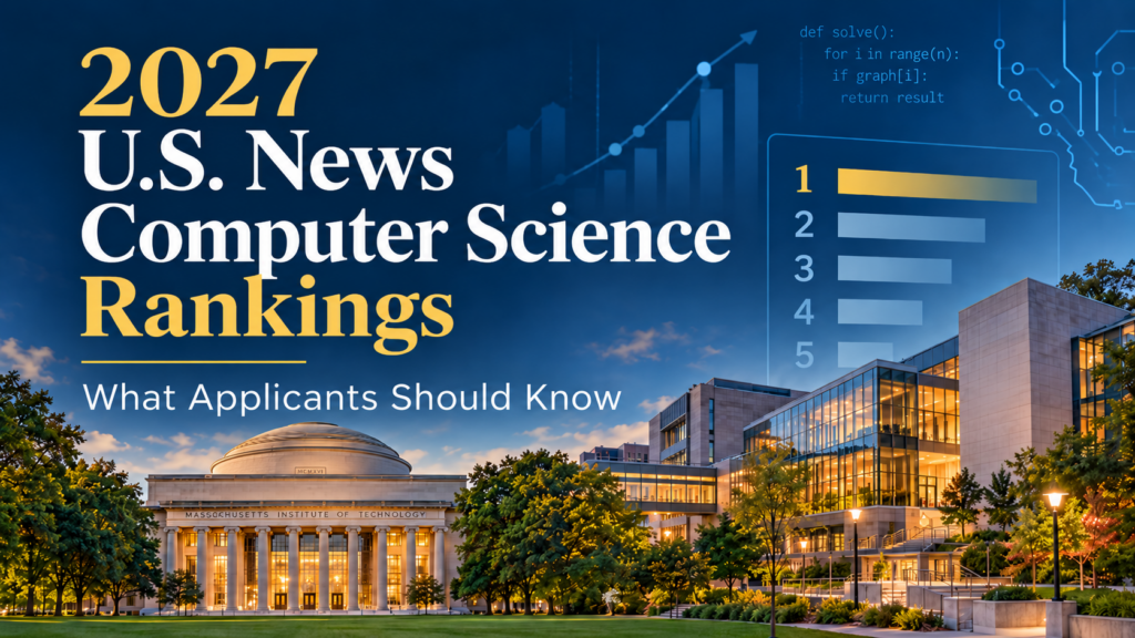 2027 U.S. News Computer Science rankings graphic with MIT and CMU campus buildings